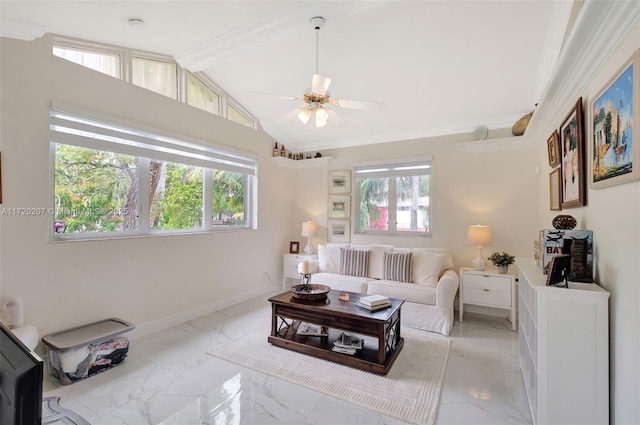 living area with vaulted ceiling with beams, marble finish floor, plenty of natural light, and baseboards