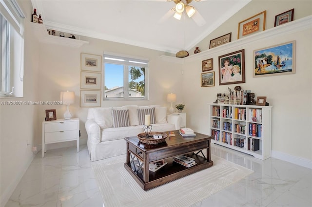 living area with vaulted ceiling, marble finish floor, baseboards, and crown molding