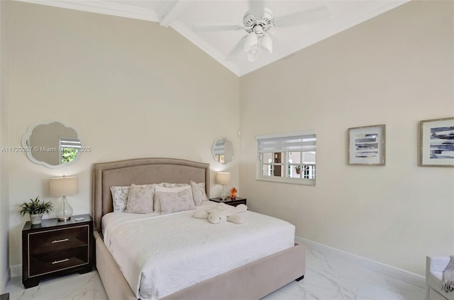 bedroom featuring baseboards, a ceiling fan, lofted ceiling, marble finish floor, and crown molding