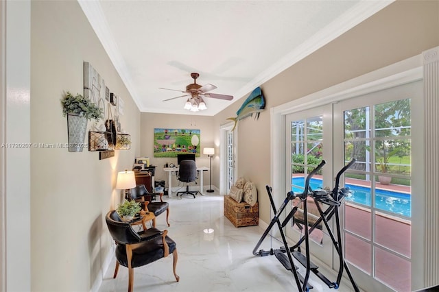 office space featuring ceiling fan, baseboards, marble finish floor, french doors, and crown molding