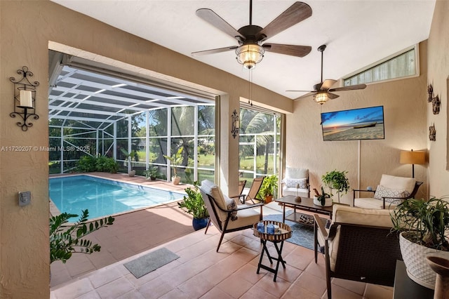 view of swimming pool with ceiling fan