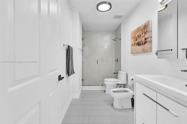 bathroom with toilet, tile patterned flooring, vanity, a shower stall, and a bidet