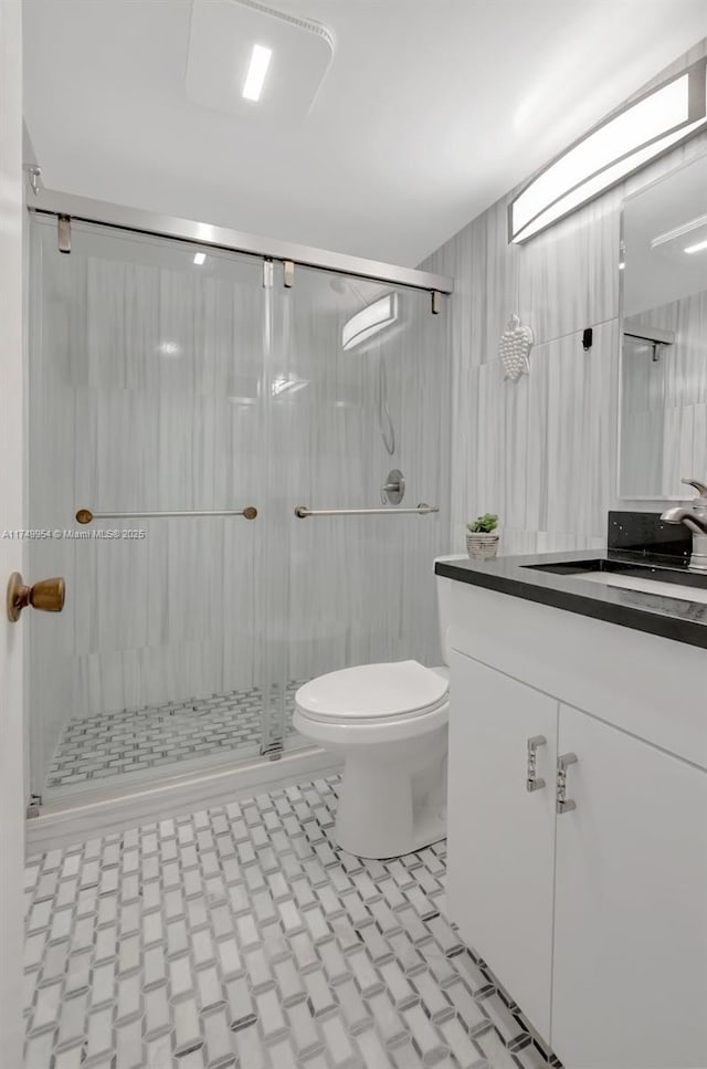 bathroom with toilet, a stall shower, and vanity