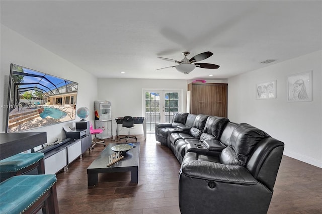 living area featuring recessed lighting, visible vents, wood finished floors, and french doors