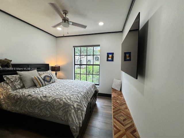 bedroom featuring crown molding, recessed lighting, wood finished floors, and ceiling fan