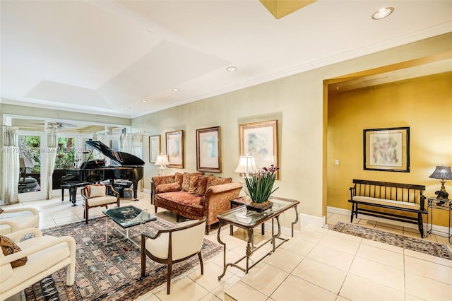 7685 SW 153rd St, Palmetto Bay, FL 33157 - living room featuring light tile patterned floors, baseboards, ornamental molding, and recessed lighting