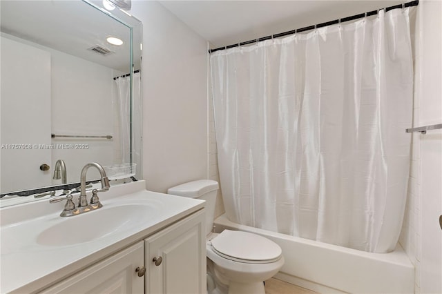 full bath with shower / tub combo, visible vents, vanity, and toilet