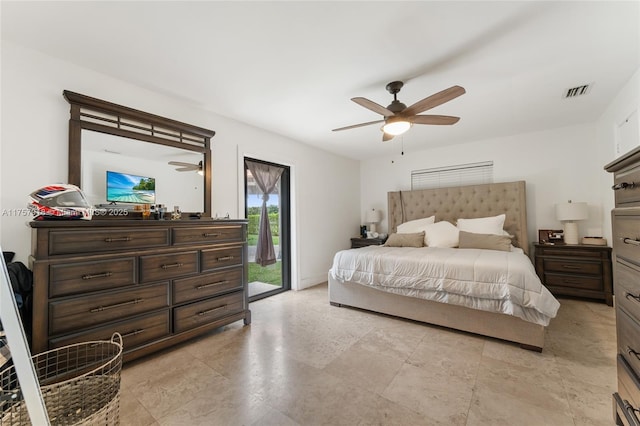 bedroom featuring access to exterior, visible vents, and a ceiling fan