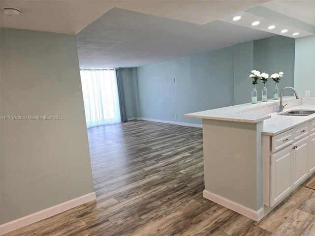 kitchen featuring light stone counters, dark wood finished floors, a sink, and baseboards