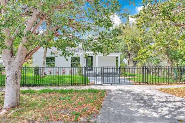 obstructed view of property with a fenced front yard, a gate, and stucco siding