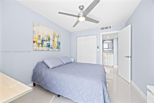 bedroom with baseboards, a closet, visible vents, and a ceiling fan