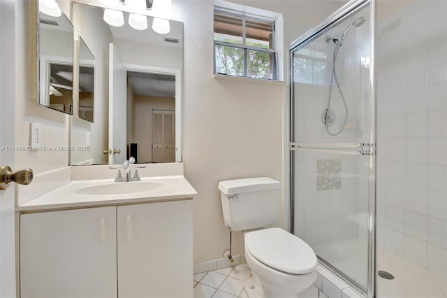 bathroom featuring toilet, visible vents, vanity, tile patterned floors, and a stall shower