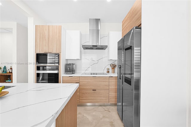 kitchen featuring tasteful backsplash, modern cabinets, marble finish floor, stainless steel appliances, and exhaust hood