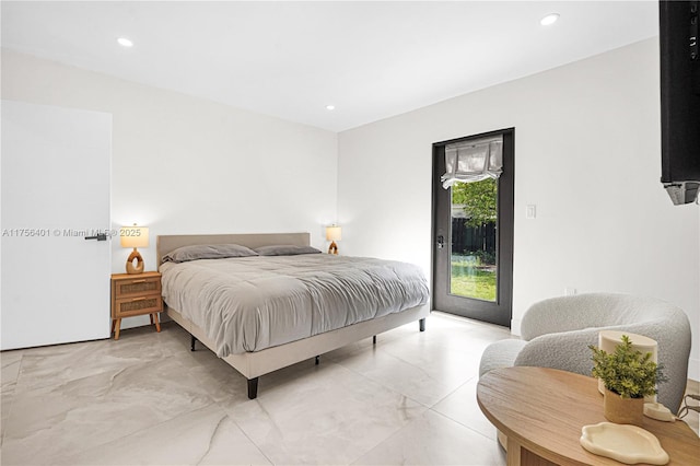 bedroom with marble finish floor, access to outside, and recessed lighting