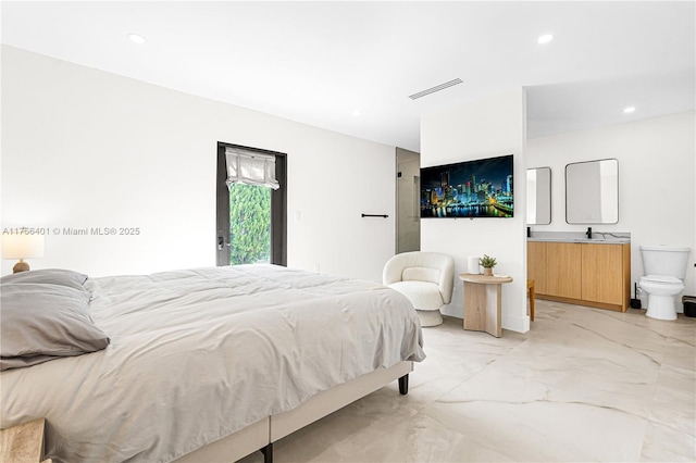 bedroom with marble finish floor, recessed lighting, visible vents, a sink, and access to outside