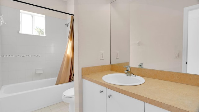 bathroom with toilet, tile patterned flooring, shower / tub combo with curtain, and vanity