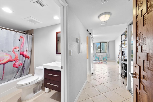 bathroom featuring visible vents, toilet, shower / tub combo with curtain, tile patterned floors, and vanity