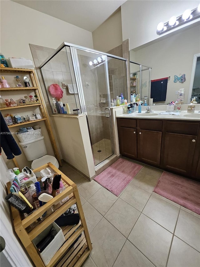 bathroom with a shower stall, vanity, and tile patterned floors