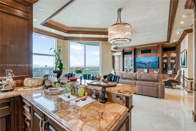 kitchen featuring ornamental molding, a raised ceiling, and light countertops