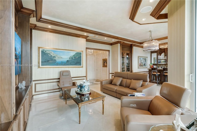 living room with recessed lighting and crown molding