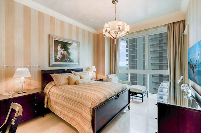 bedroom with ornamental molding, a notable chandelier, and wallpapered walls