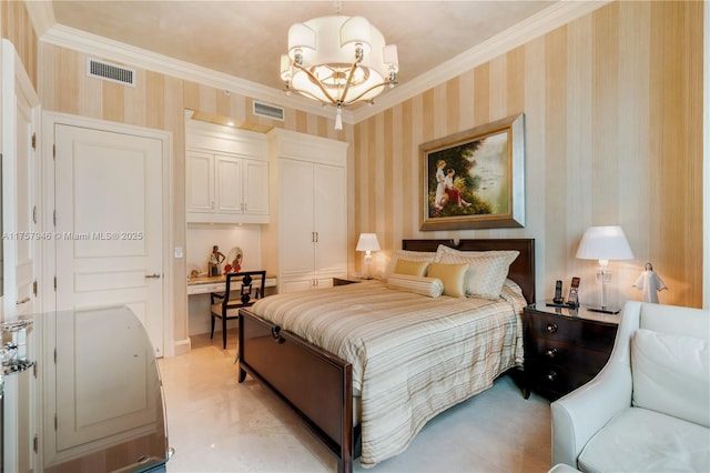 bedroom with a closet, visible vents, and wallpapered walls