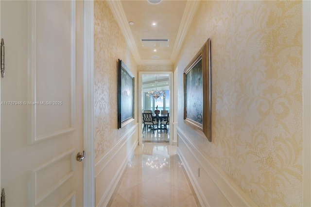 hall featuring ornamental molding, light tile patterned flooring, and wallpapered walls