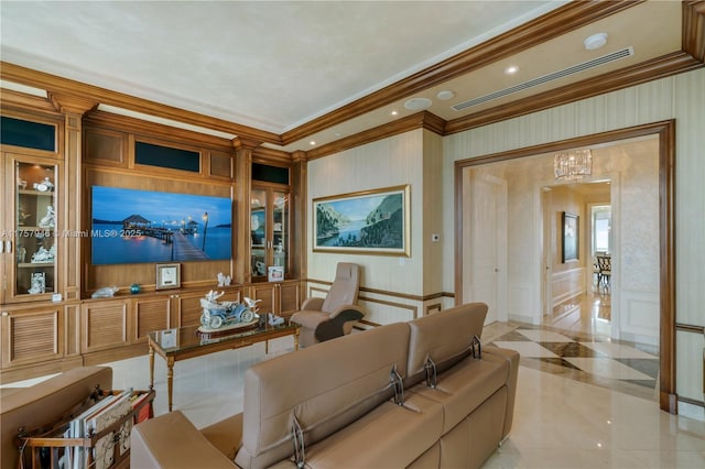 living room featuring ornamental molding