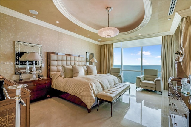 bedroom with wallpapered walls, visible vents, a raised ceiling, ornamental molding, and a water view