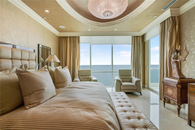 bedroom featuring a tray ceiling, recessed lighting, a water view, ornamental molding, and wallpapered walls