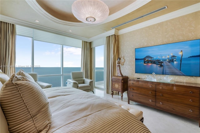 bedroom featuring wallpapered walls and ornamental molding