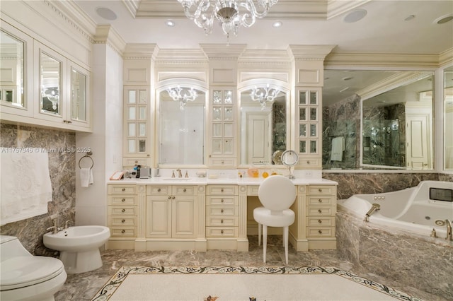 full bathroom featuring toilet, a whirlpool tub, an inviting chandelier, crown molding, and a bidet