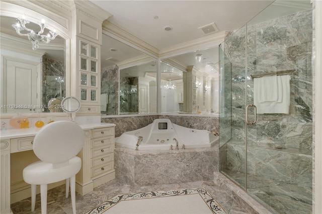 full bathroom featuring a marble finish shower, visible vents, a tub with jets, marble finish floor, and crown molding