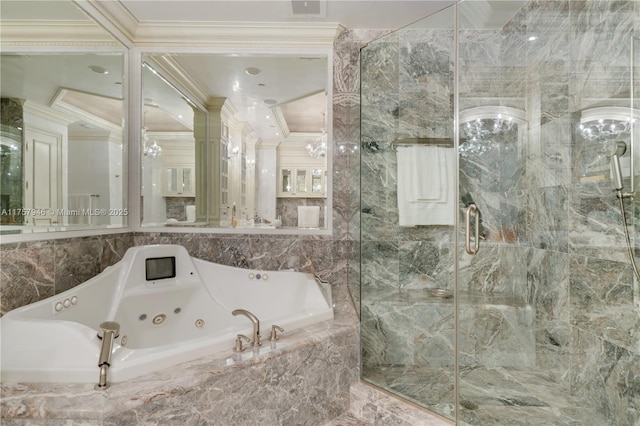 bathroom featuring crown molding, a marble finish shower, and a tub with jets