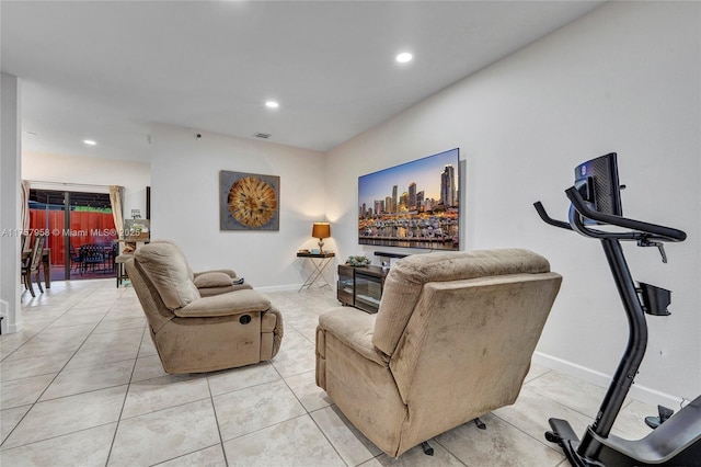 living room featuring recessed lighting, visible vents, baseboards, and light tile patterned floors