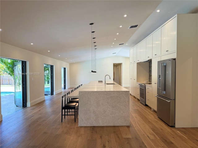 kitchen with light wood-style floors, modern cabinets, high quality appliances, and visible vents