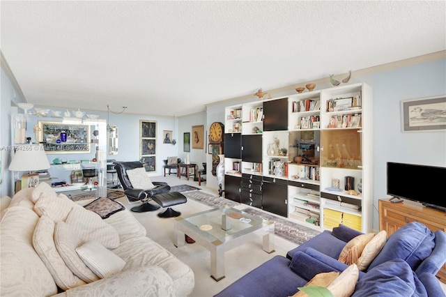 carpeted living room with a textured ceiling