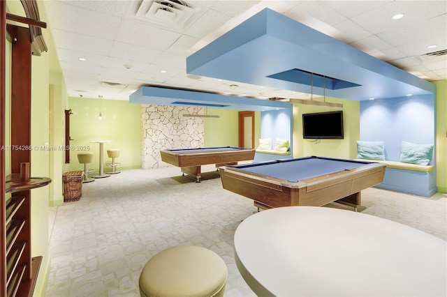 game room featuring a paneled ceiling, pool table, visible vents, and baseboards