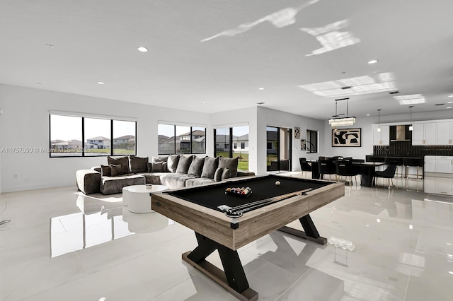 recreation room with pool table and recessed lighting