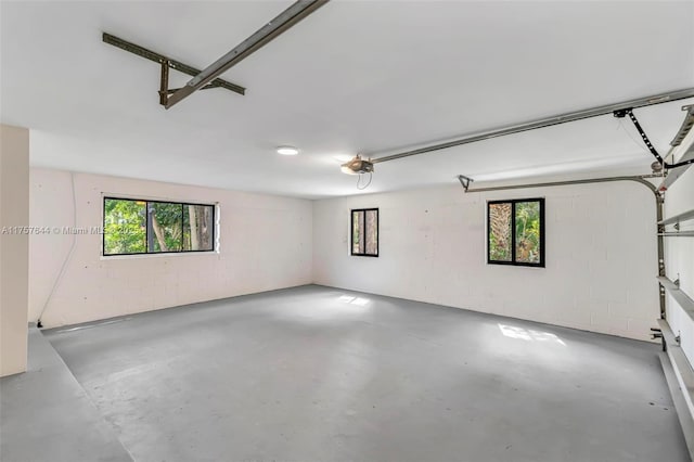 garage featuring a garage door opener and concrete block wall