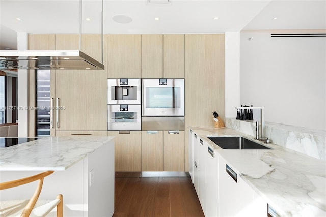 kitchen with light stone countertops, dark wood-style flooring, a sink, and light brown cabinetry