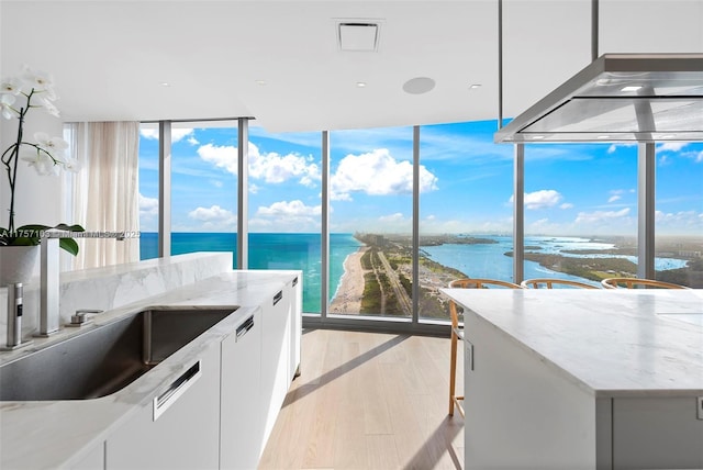 kitchen with a water view, a wall of windows, light wood-style floors, white cabinetry, and a sink