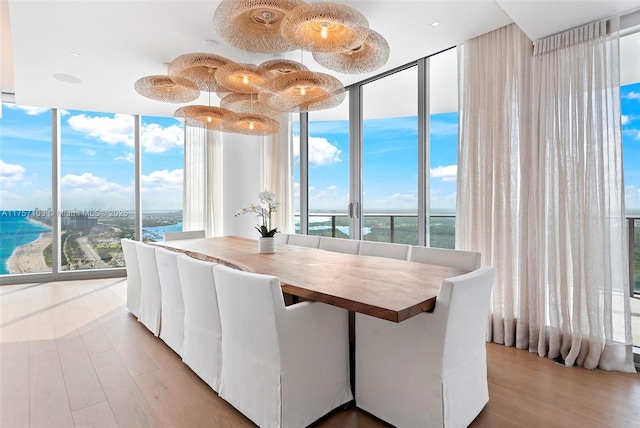 dining area with wood finished floors and floor to ceiling windows