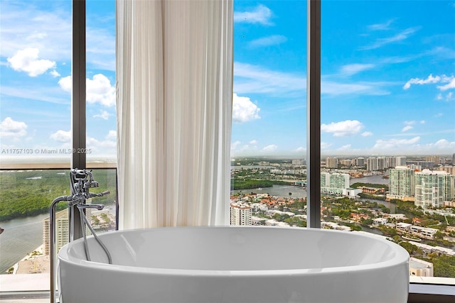 bathroom with a city view, a water view, a freestanding tub, and a healthy amount of sunlight