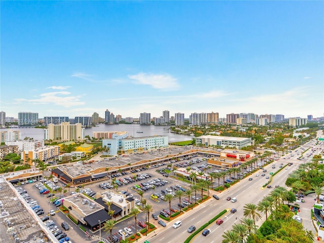 birds eye view of property with a water view and a view of city