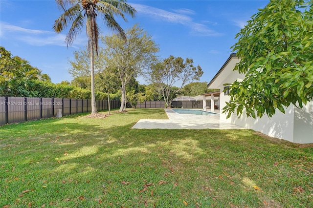 view of yard with a patio area and a fenced backyard