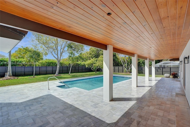 view of pool with a fenced in pool, a fenced backyard, a patio, and a lawn