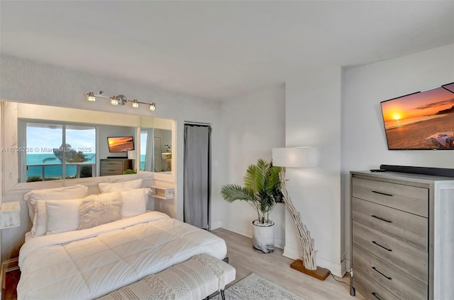 bedroom featuring access to exterior, light wood-style flooring, and baseboards