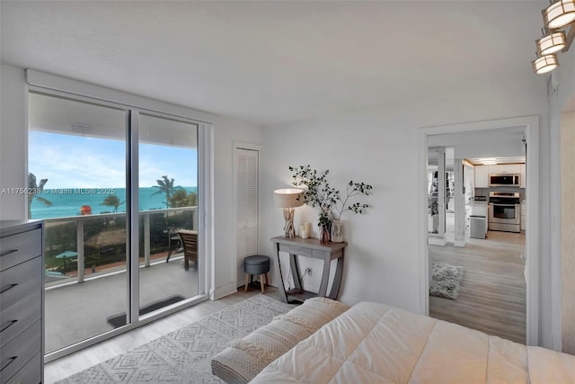 bedroom featuring access to exterior and wood finished floors