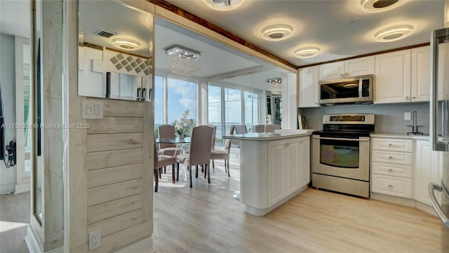 kitchen with stainless steel appliances, light wood-type flooring, a peninsula, and white cabinets